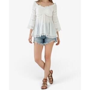 White Guipure Embroidered Lace Bardot Neck Flowy Peasant Boho Blouse  Sz M